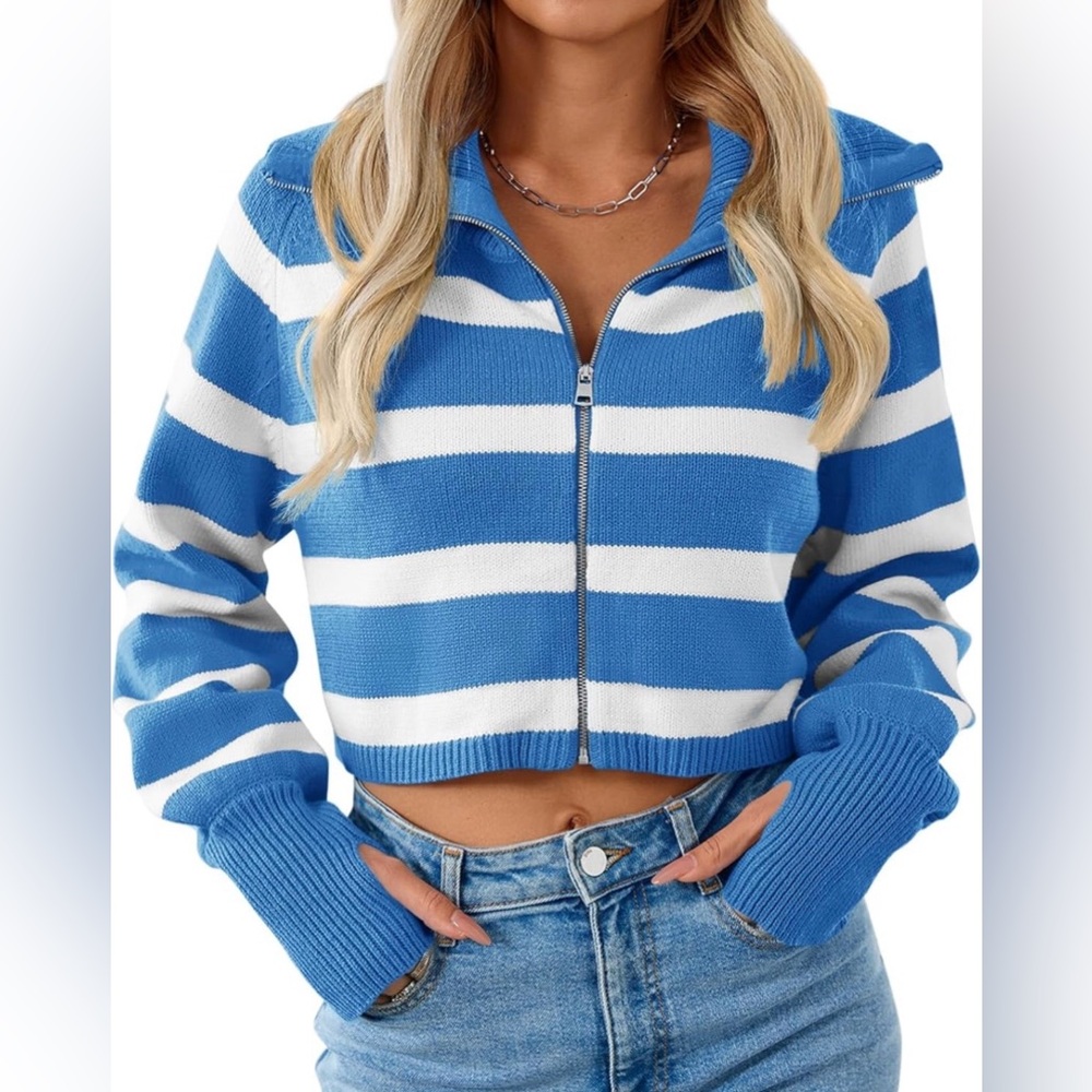 Blue and White Striped Zip-Up Sweater